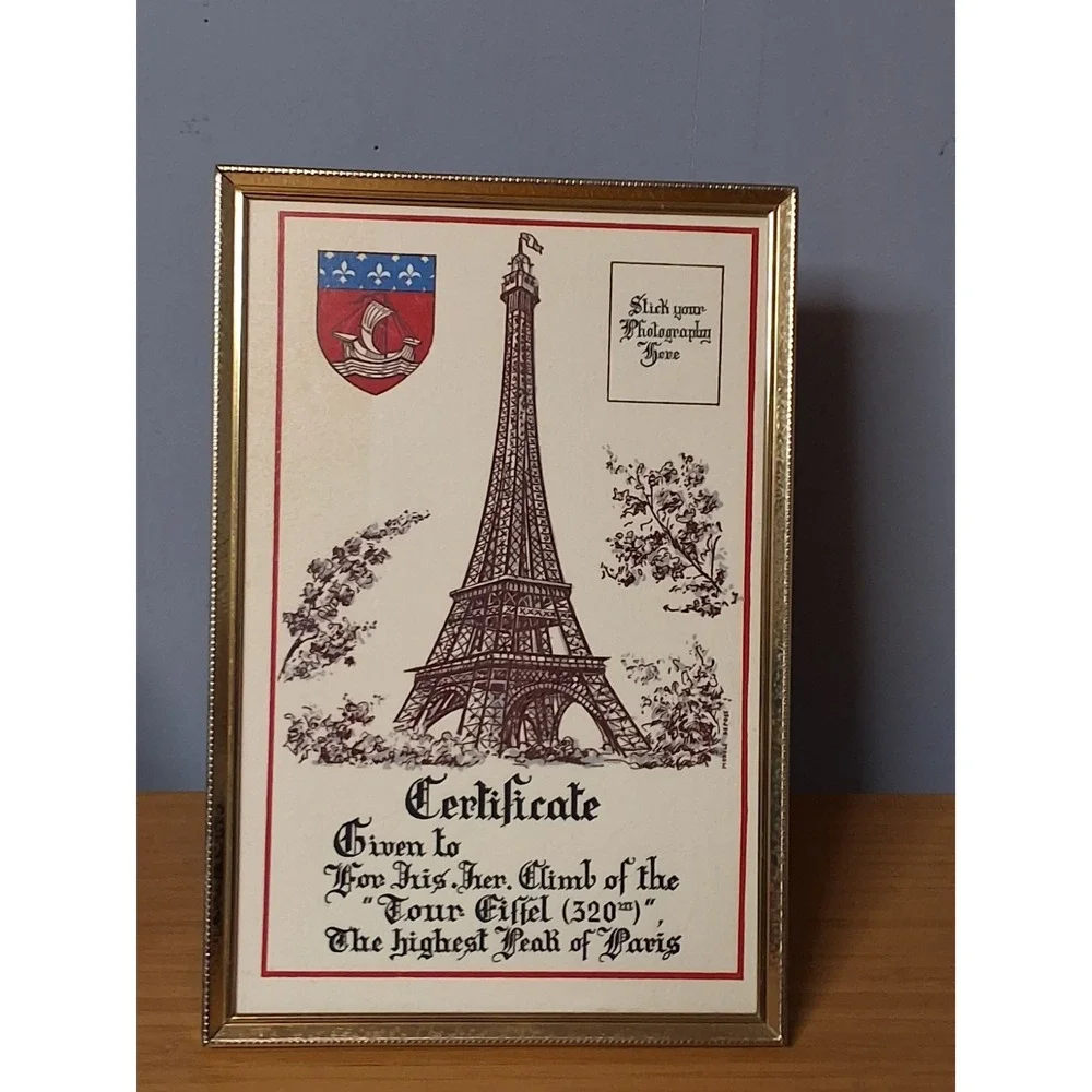 Vintage 8x10 Framed Paris Eiffel Tower Souvenir Certificate.
